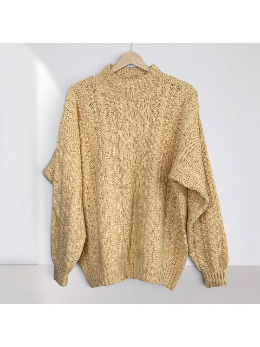 Vintage Casual Corner Wool Blend Cable Knit Fisherman Sweater Cream Large